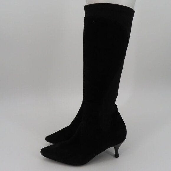 Aquatalia Women 8.5 Black Suede Knit Stretch Kitten Heel Boots Pointed Toe Zip - Picture 4 of 15